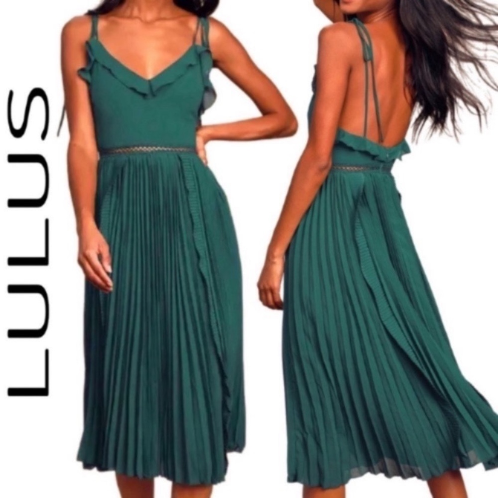 Lulus Never a Dull Moment Tie-Strap Pleated Midi Dress Emerald Green XSmall